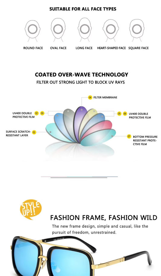 óculos de sol dos homens quadrado metal óculos de sol